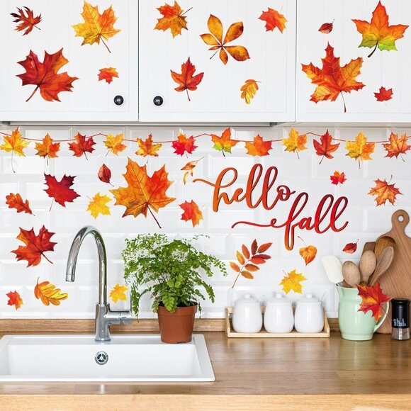 9 Sheets Fall Wall Decor Stickers Hello Fall Maple Leaves Wall Decals Small Room - Picture 4 of 7
